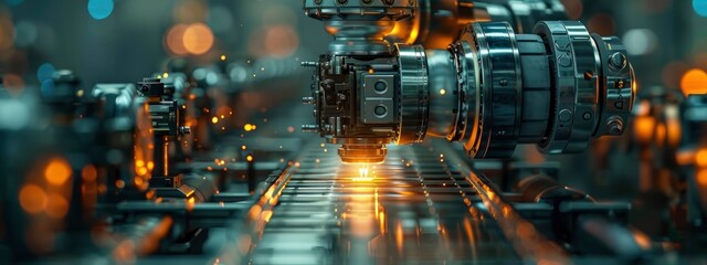 Future industrial scenes, artificial intelligence and robotics help industries. machines create things. production lines. Innovations concept. banner