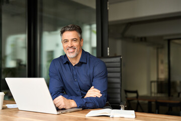 Portrait of happy mature professional business owner man manager, smiling senior male ceo...