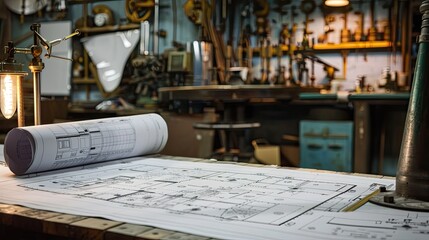 engineering industry construction architecture design blueprint on a table