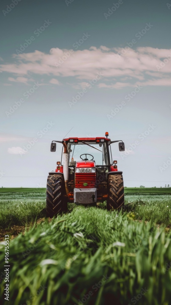 Poster a red tractor is in a field of grass
