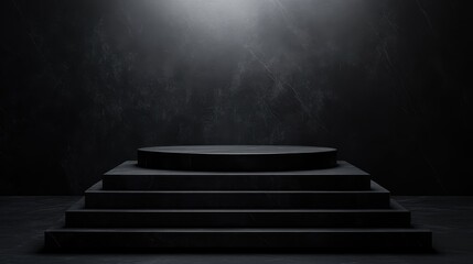 Modern Black Stone Podium with Angular Geometric Shapes on Dark Minimalist Background for Product Promotion