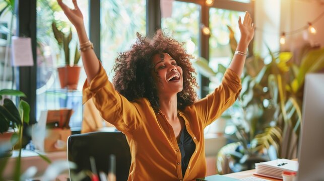 User interface, hologram, and ux mockup with computer, invisible screen, and businesswoman in office. Futuristic, corporate, desk-bound researcher of internet or digital tech