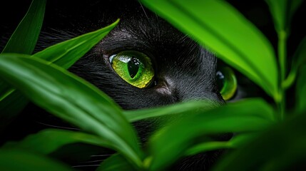 Close-Up Of A Black Cat With Green Eyes In Its Native Environment