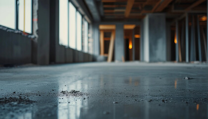 View of a concrete floor in an empty room during renovation work 