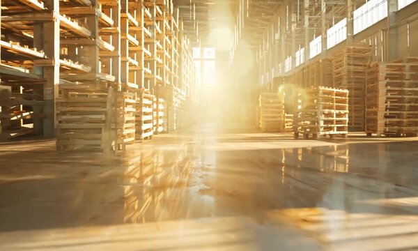 Inside the warehouse are industrial shipping pallets stacked neatly. The pallets are made of hardwood, indicating heavy industrial use. The warehouse has high ceilings with metal framing.