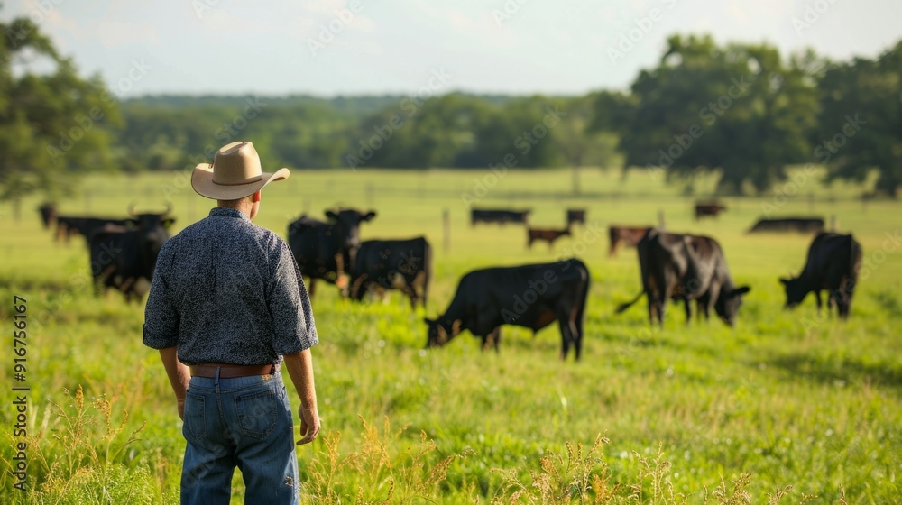 Poster a man in a cowboy hat stands in a field with cows