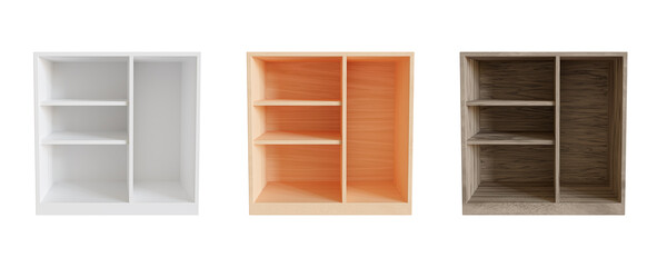 emply white, wooden showcase cabinet on the on white background, 3d render
