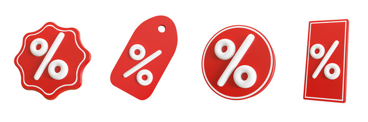 set of white percent icon on red tag isolated on white background, 3d render