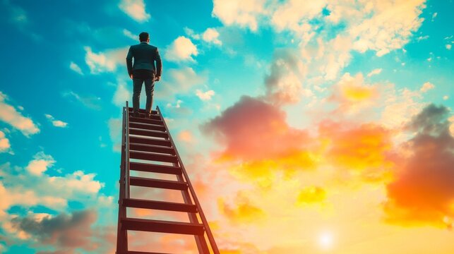 A man in business attire stands on top of a ladder reaching into the sky, symbolizing ambition, growth, and reaching new heights. Great for business-related themes like success and motivation