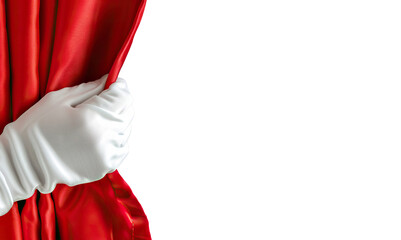 Elegant hand in white glove pulls back red curtain to reveal stage, cut out