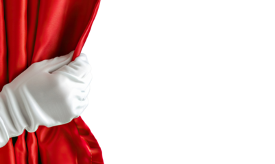 Elegant hand in white glove pulls back red curtain to reveal stage, cut out