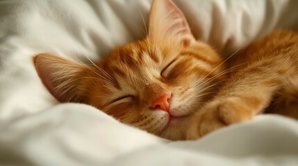 Close-Up Of A Cute Red Kitten Sleeping Under A Fluffy White Blanket