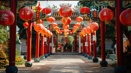 Beautifully decorated temple entrance for Chinese New Year celebrations with lanterns and banners