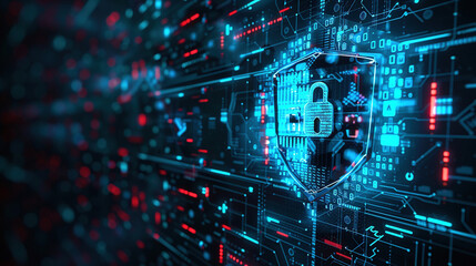 Padlock icon against the backdrop of a sophisticated digital circuit board offers a visualization of cybersecurity, save the data