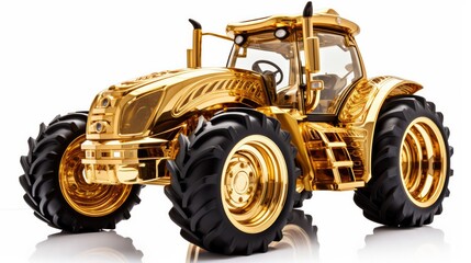 Obraz premium Golden tractor with big wheels isolated on white. Neural network ai generated art