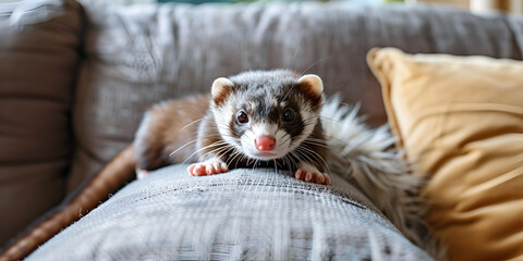 Adorable Ferret Relaxing on a Cozy Couch