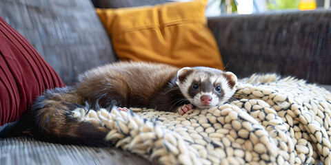 Adorable Ferret Relaxing on a Cozy Couch