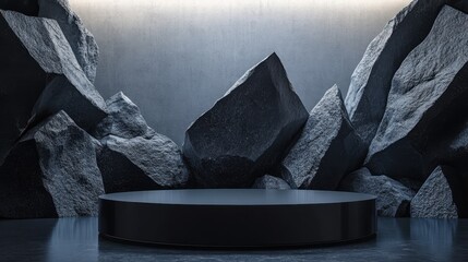 Illuminated Abstract Black Podium with Angular Rock Formations and Geometric Shapes for Modern Marketing Visual