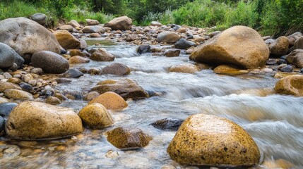 A rock-filled riverbed with smooth pebbles and larger boulders, illustrating the natural flow and movement of water over time in a tranquil river environment.