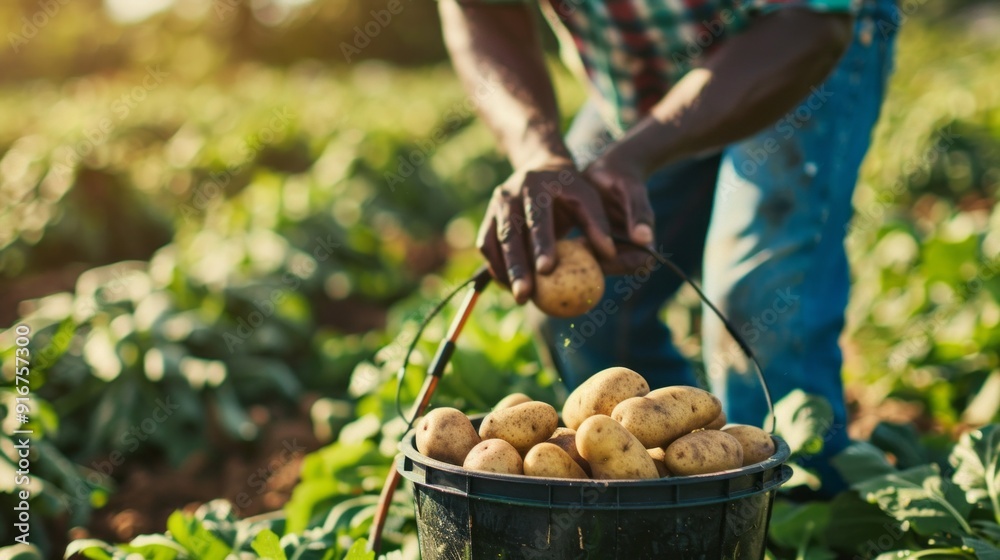 Poster a man is picking potatoes in a field