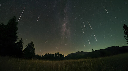 Perseids meteor Shower and the Milky Way silhouette in the foreground. Perseid Meteor Shower observation. Night sky nature summer landscape. Colorful shooting stars