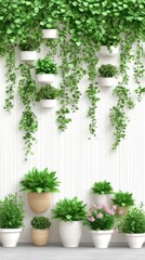 Fototapeta premium A front view of a beautifully arranged wall featuring white wooden boxes filled with colorful flowers and greenery illuminated by natural light