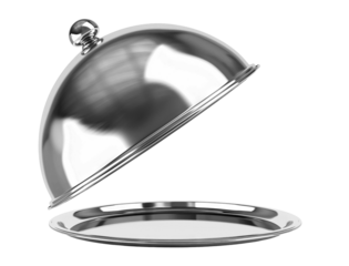 Silver serving cloche raised above empty golden plate, cut out