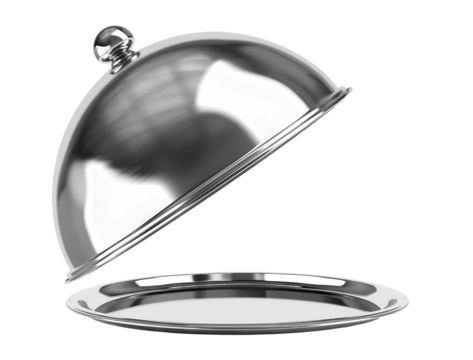 Silver serving cloche raised above empty golden plate, cut out - Powered by Adobe