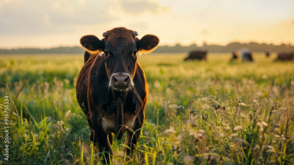 Poster a cow is standing in a field of grass