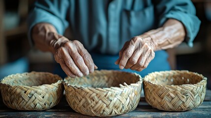 weaving bamboo basket wooden / old senior man hand working crafts hand made basket for nature product in Asian