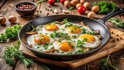 Golden-brown fried eggs sizzle in a hot skillet, surrounded by savory seasonings and fresh herbs, evoking a mouthwatering breakfast scene.