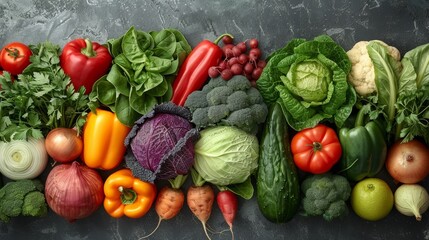 Fresh assortment of colorful vegetables arranged neatly on a textured surface in natural light