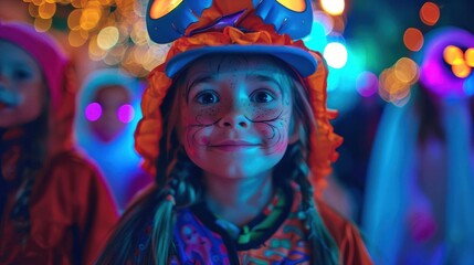 Fototapeta premium A happy child with face paint and a fun costume enjoys a colorful night, surrounded by children in festive attire with glowing lights.