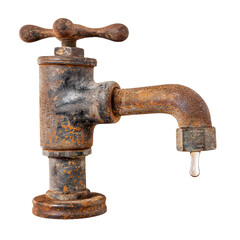 Rusty old water faucet with dripping water, cut out