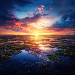 Fototapeta premium Breathtaking sunset over a serene coastal landscape with vibrant sky, reflected in calm tidal pools and natural shoreline scenery.