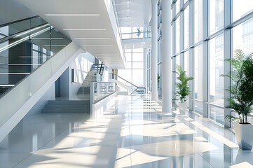 Fototapeta premium Modern Sunlit Office Lobby with Glass Walls