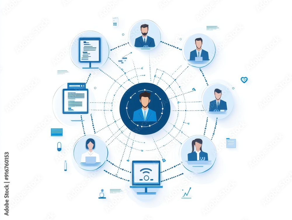 Poster business network illustration showing interconnected professionals and technology for effective comm