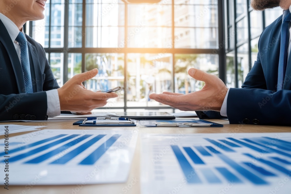 Poster business meeting with two professionals discussing financial charts and growth in a modern office se