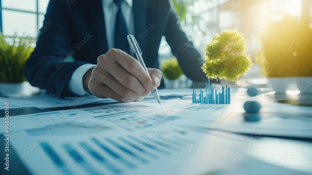 Poster Business person analyzing financial data and graphs in a modern office setting with sunlight streaming in.