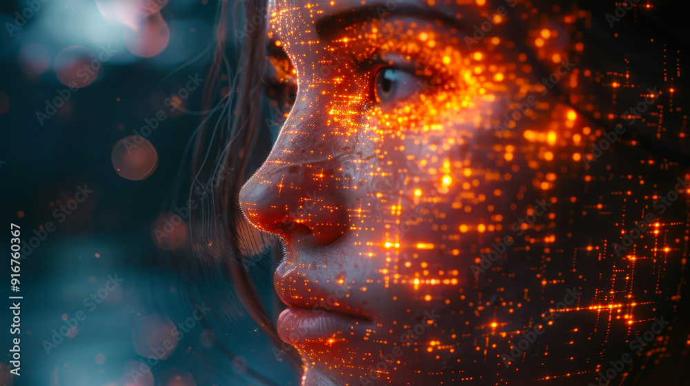 Poster artificial intelligence concept with human face overlay and digital data visualization representing 