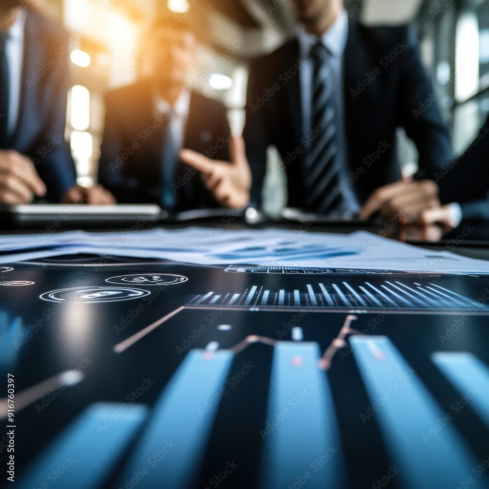 Poster Business professionals analyzing financial graphs and charts in a meeting room with sunlight streaming through the windows.