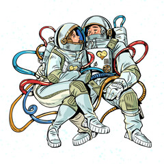 Couple man and woman together in space. Romantic relationships across any distance. Astronauts explore the universe together.