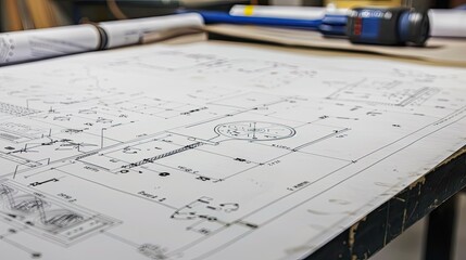 engineering drawing plan architecture blueprint construction design project sketch technical building on a table