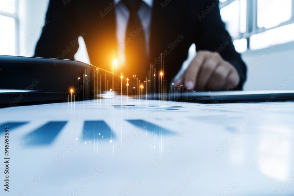 Poster businessman analyzing financial report with futuristic abstract data, representing innovation, techn
