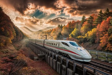 A high-speed train gliding through a picturesque landscape of an vibrant autumn forest