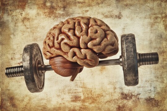 Illustration of a brain lifting weights, symbolizing mental strength and exercise. High-resolution, detailed textures, crisp focus