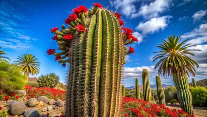 Tall Ferocactus pilosus cactus stands proudly in November, its vibrant green body adorned with vibrant red flowers, La Lajita, Spain.