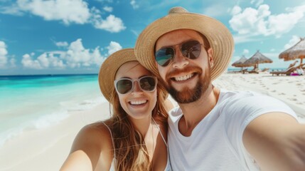 Fototapeta premium Beautiful couple taking selfie photo on tropical beach