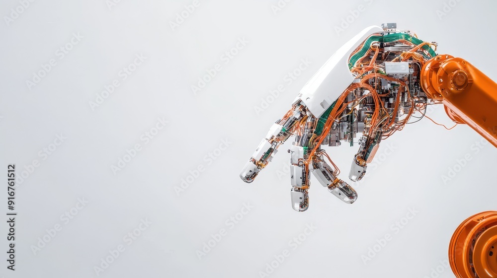 Poster Close-up of an advanced robotic hand with intricate wiring and components, showcasing modern technology and innovation in robotics.