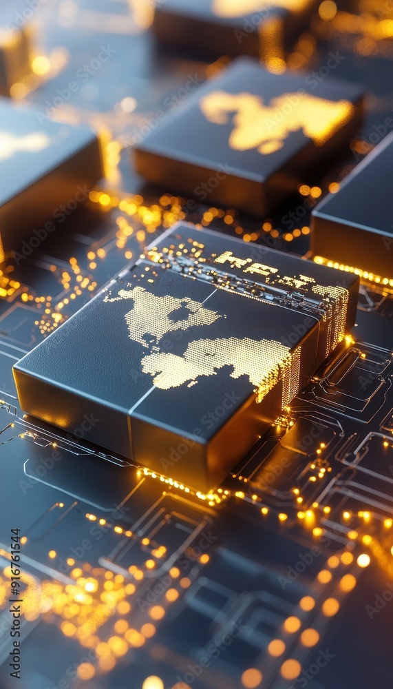 Leinwandbilder close-up of an h2b integrated circuit on a motherboard with glowing elements, symbolizing global con